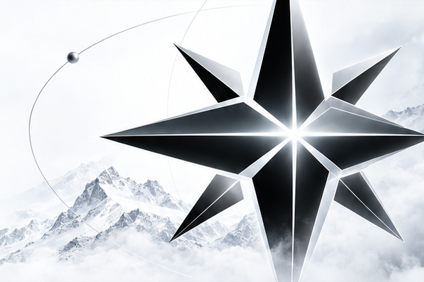 A faceted black and silver North Star above snow-covered mountains